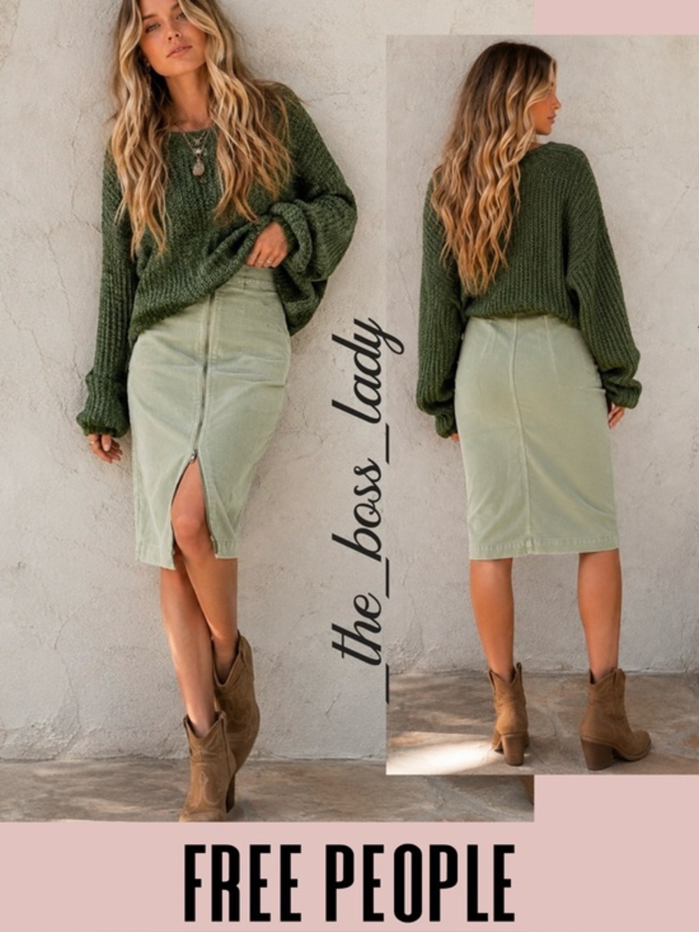 Free People skirt corduroy front zip midi high-waisted 26 cotton